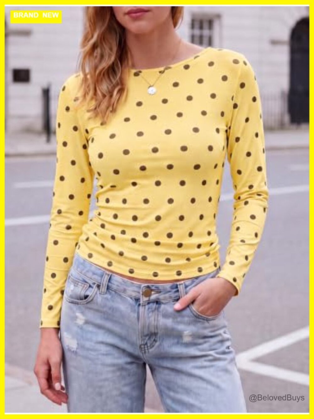 Women's Polka Dot Long Sleeve Boat Neck Slim Fit T-Shirt Soft Stretch Knit - Picture 2 of 5
